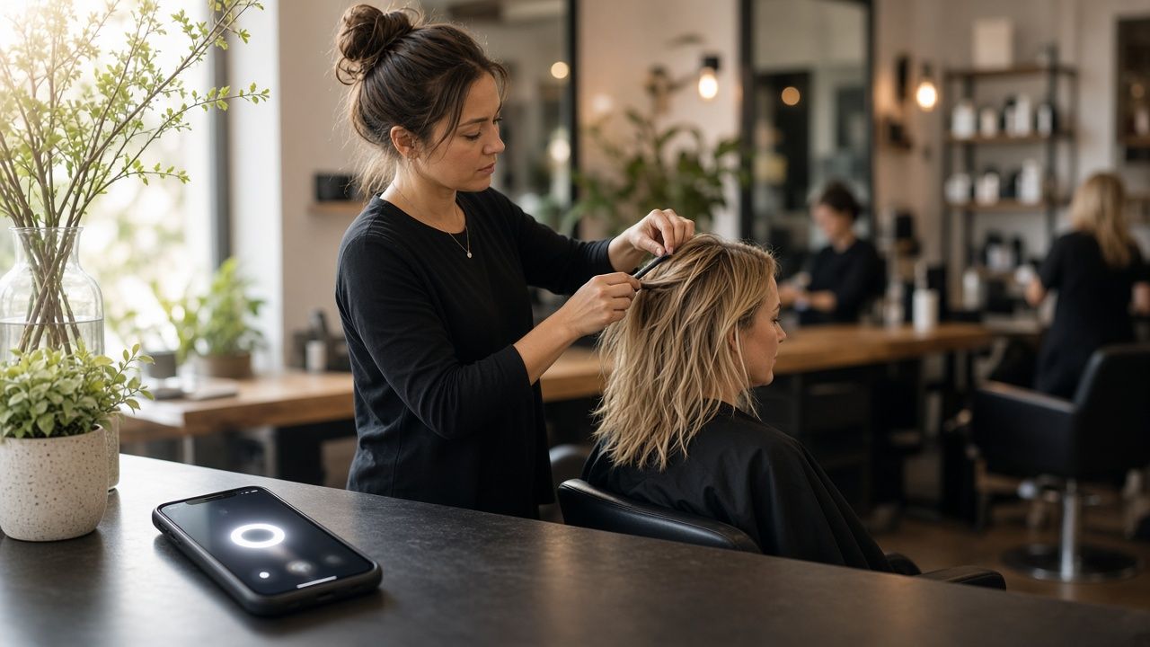 A stylist busy with a client while the salon phone rings on the counter
